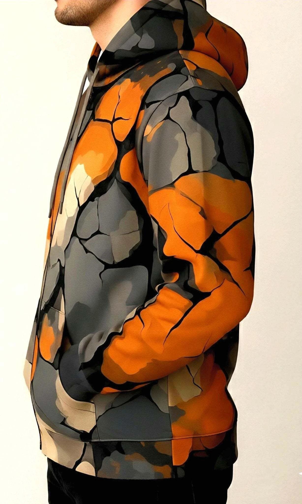 Maximalist Shattered Glass AOP Hoodie for Bold Streetwear Fans — Heavyweight Primal Print Pullover, Orange Black Halloween Fall Statement