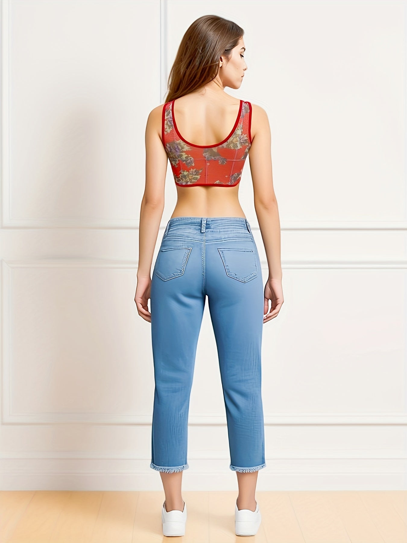 Elegant Floral Print Wireless Bralette, Sheer Back TJR3P9X