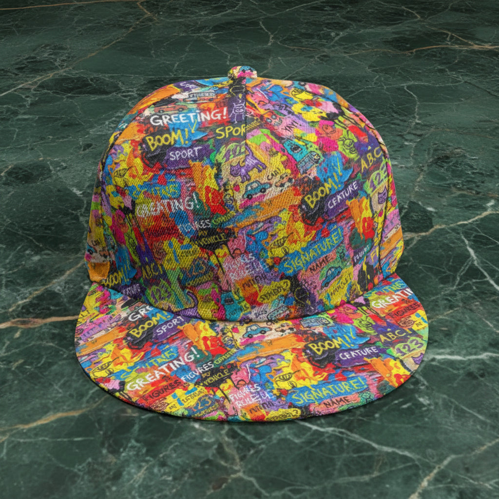 Indie Sleaze Collage AOP Flat Brim Cap | All-Over Print Snapback Streetwear Hat for Y2K Revival, Alt-Fashion & Festival Crowd
