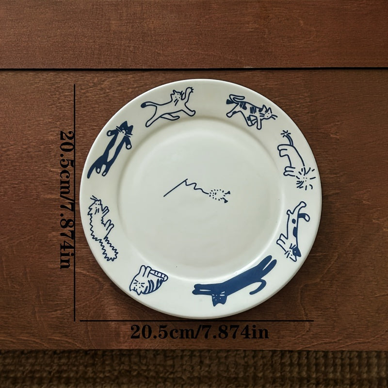 Vintage Cute Kitten Puppy Blue Breakfast Ceramic Plate - DO2K