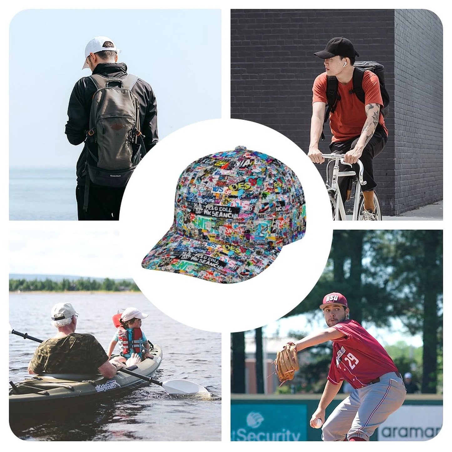 StreetsmART Sticker Bomb AOP Bent Brim Snapback Cap | Urban Collage Print 6-Panel Curved Brim Streetwear Hat for Skate, Festival & Alt-Fashion