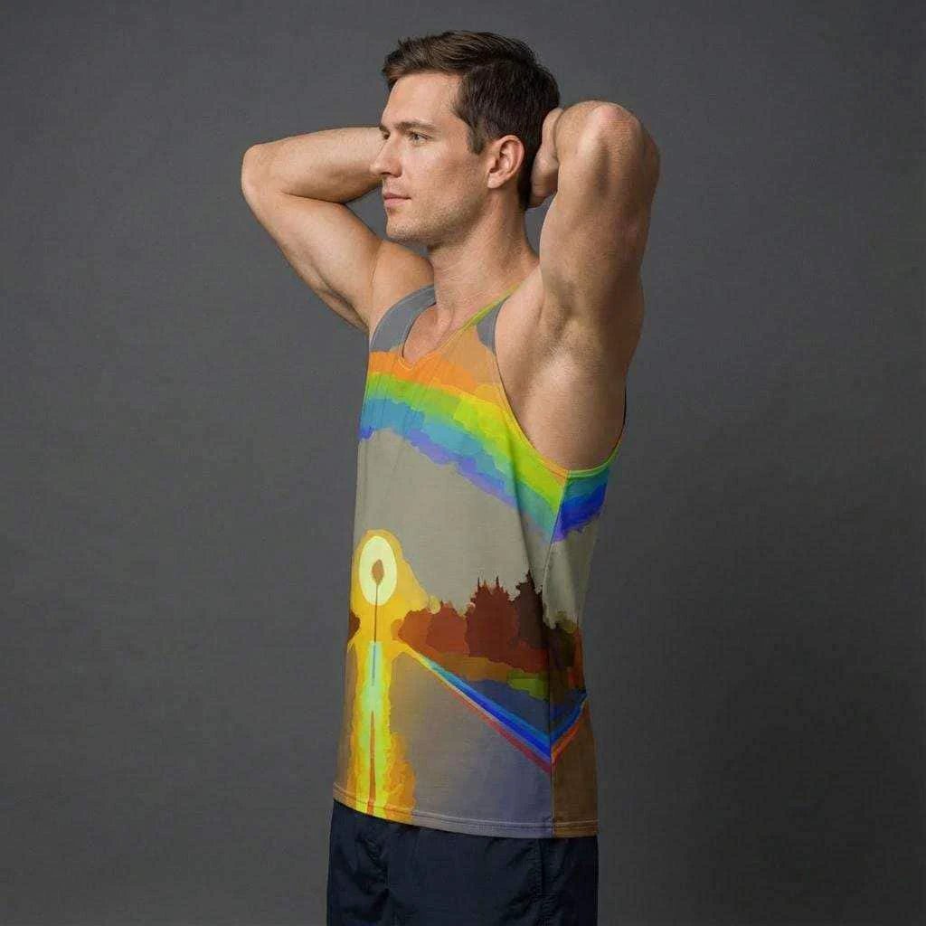 Digital Sunrise Psychedelic Tank for Road-Tripping Self-Expressers — Vibrational Rainbow Gradient AOP, Lightweight Quick-Dry