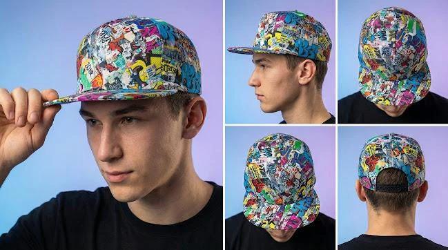 Graffiti Newspaper Collage Snapback Hat | Urban Street Art AOP Flat Brim Cap for Streetwear & Skate Culture