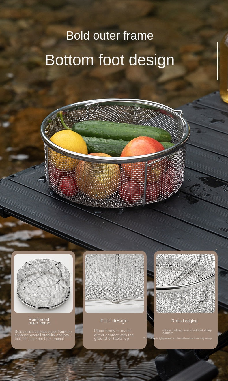 Campingmoon CC-22 Stainless Steel Drain Basket Portable Lightweight Round Mesh Net Strainer For Washing Draining Foods Folding Handle Filter Basket