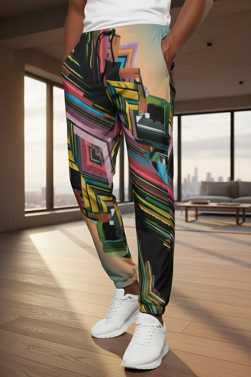 Geometric Cubist Abstract AOP Jogger Pants — Maximalist Streetwear, Unisex