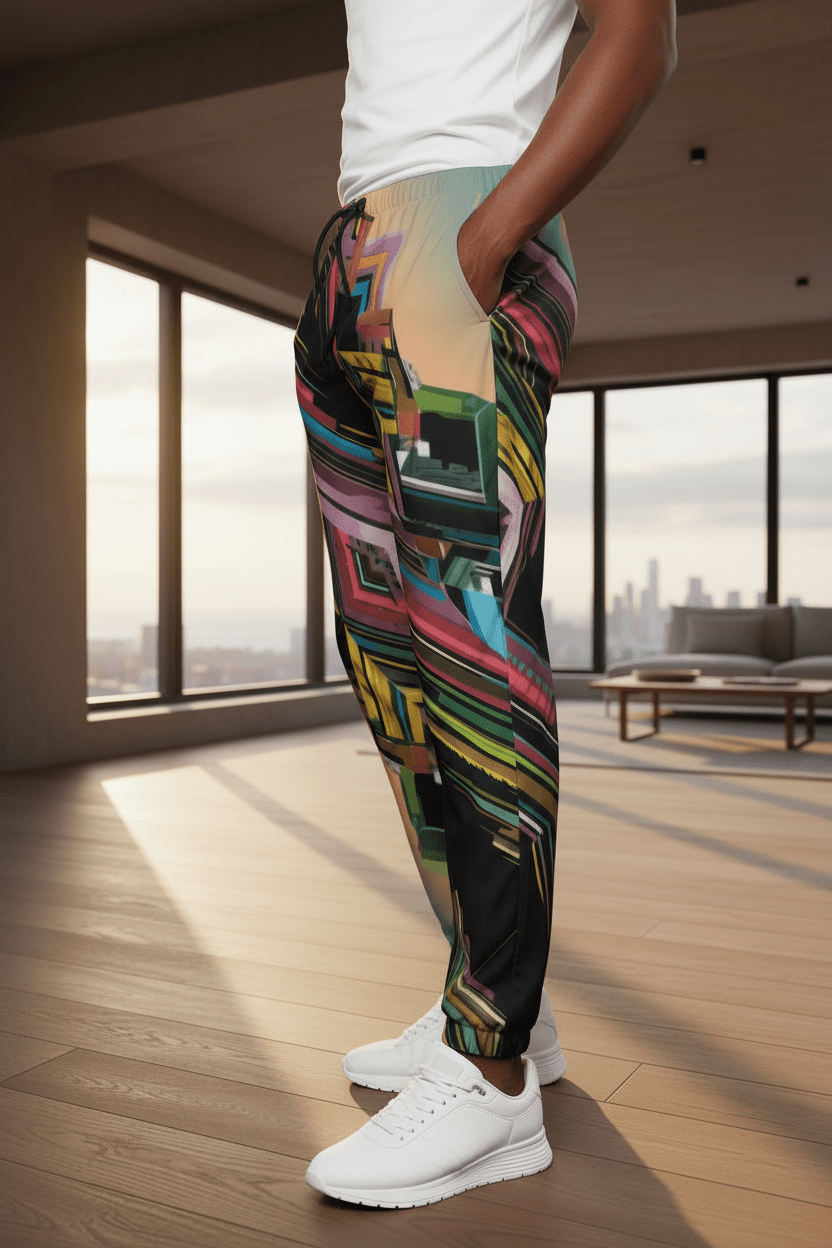 Geometric Cubist Abstract AOP Jogger Pants — Maximalist Streetwear, Unisex
