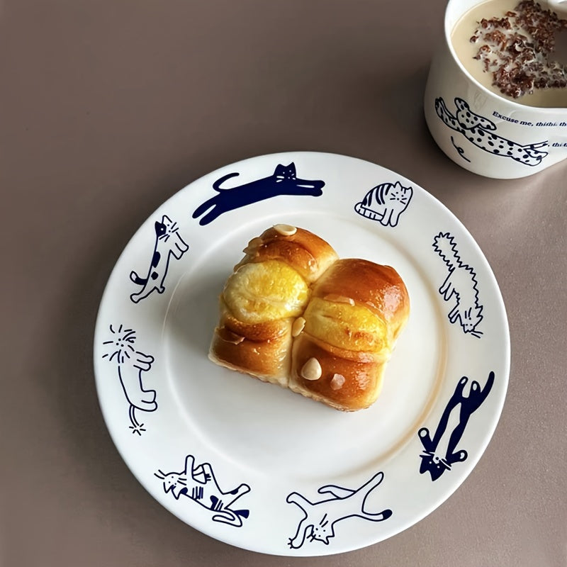 Vintage Cute Kitten Puppy Blue Breakfast Ceramic Plate - DO2K