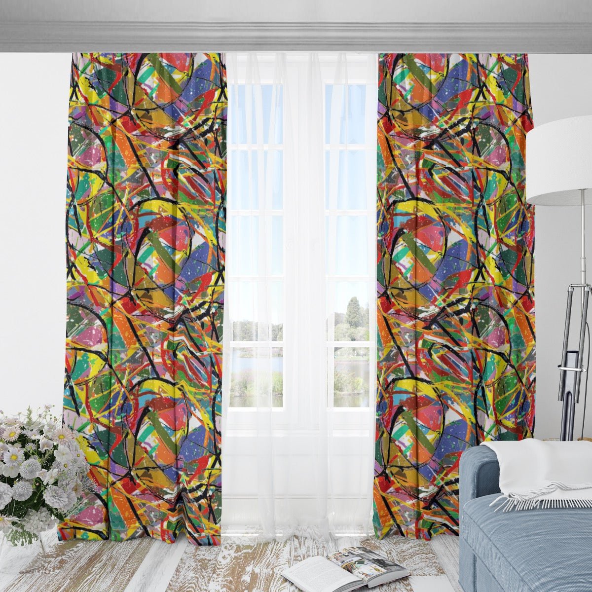 Boundless Bleeds AOP Blackout Curtains with Hooks | 265gsm UV-Resistant Insulated Window Panels — Maximalist Art-Forward Light-Blocking Home Decor