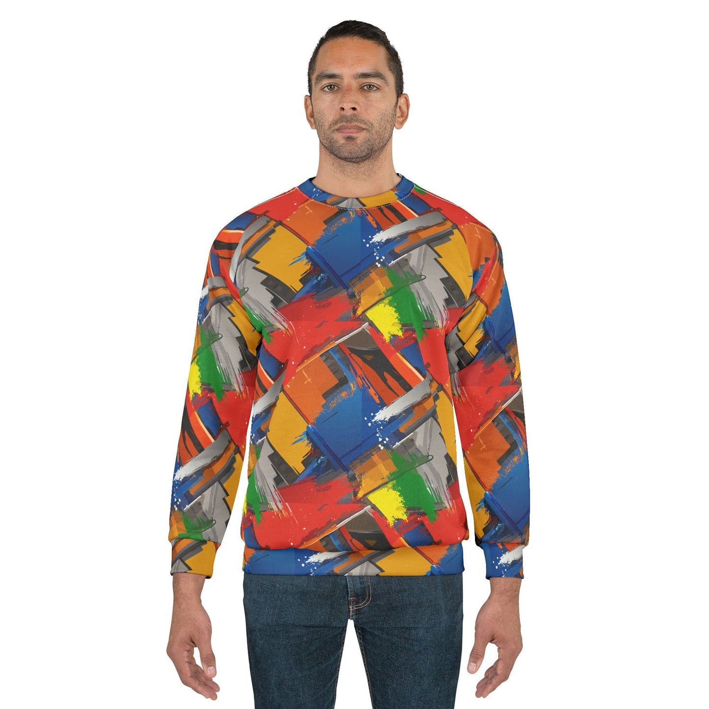 Brushstroke Riot Unisex Sweatshirt — Primary Color Paint-Dab AOP Crewneck with Art-School Energy