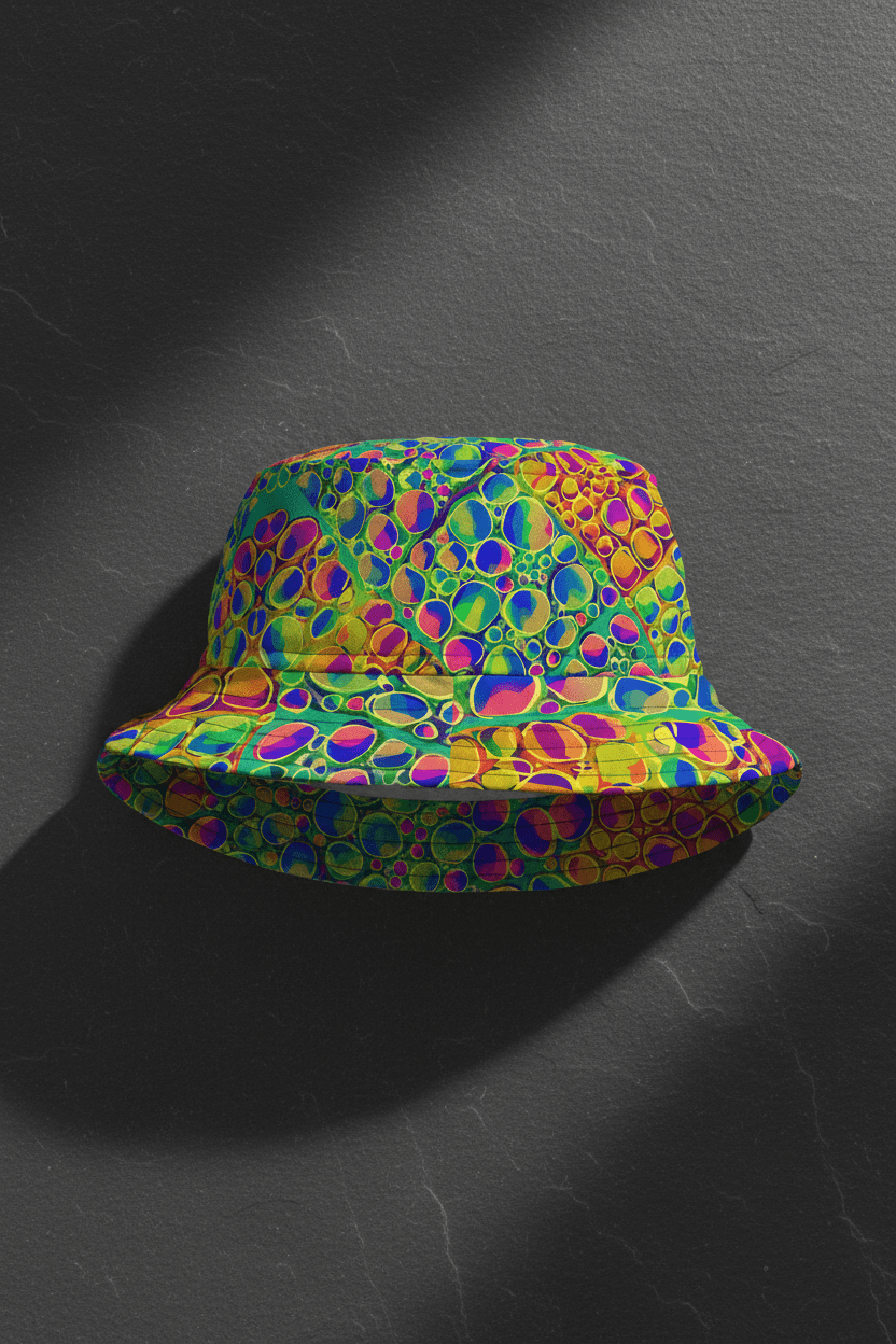 Mind-Melting Visuals AOP Bucket Hat | Dyles Mavis Hot-Pink & Lime Psychedelic Hypno-Dot Print — Made in USA Festival Streetwear Hat (Unisex)