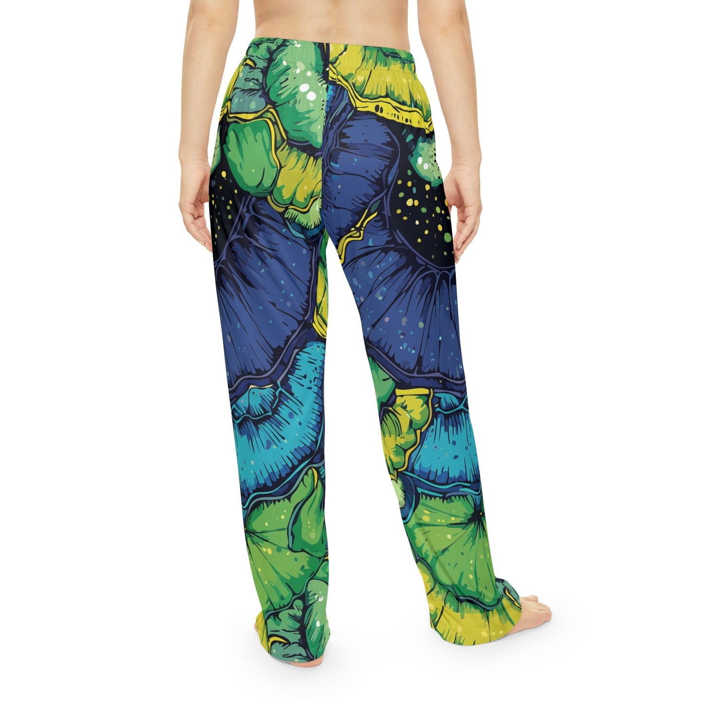 Butterfly Wing Pajama Pants — Emerald & Sapphire Organic AOP Lounge Bottoms, Jewel-Tone Sleepwear