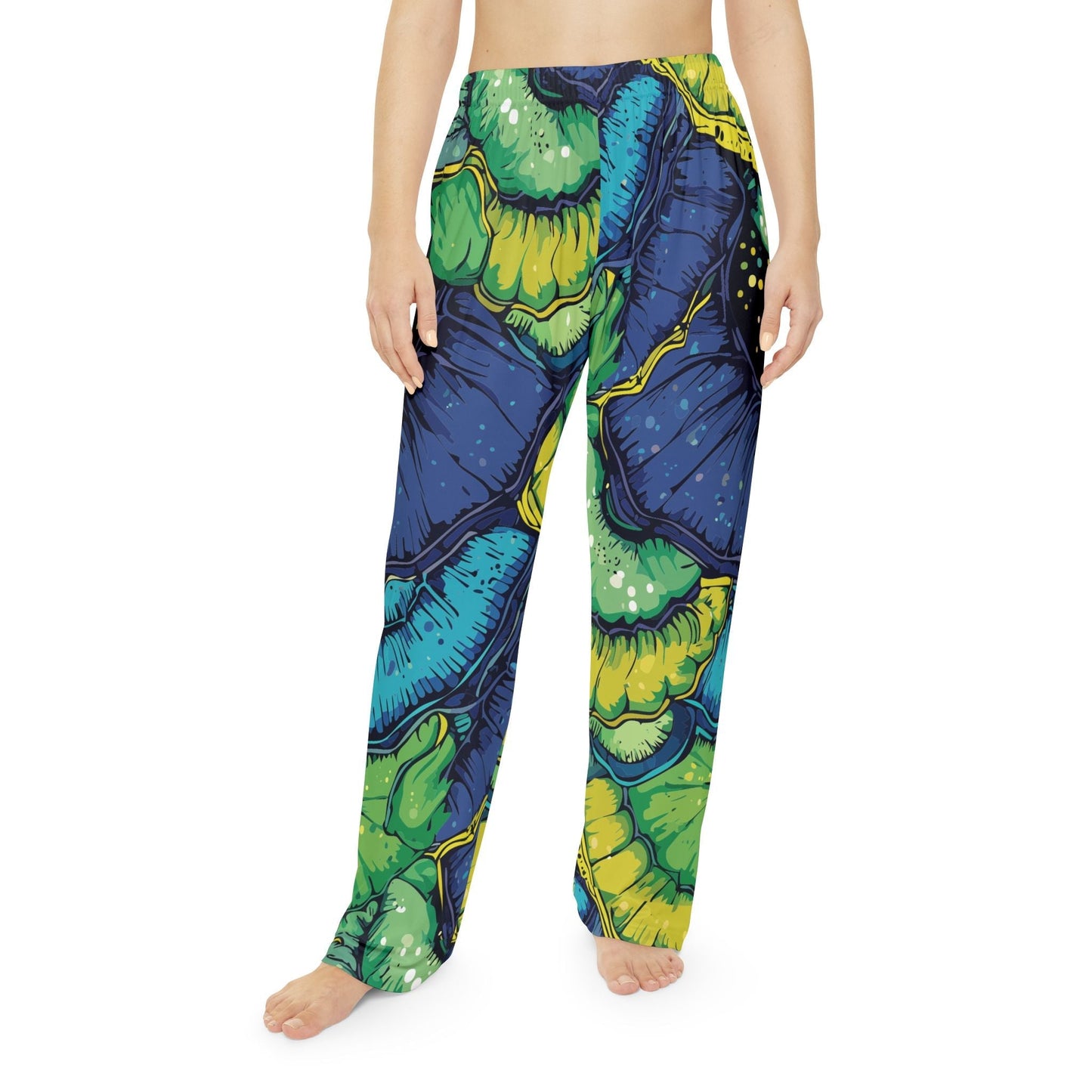 Butterfly Wing Pajama Pants — Emerald & Sapphire Organic AOP Lounge Bottoms, Jewel-Tone Sleepwear