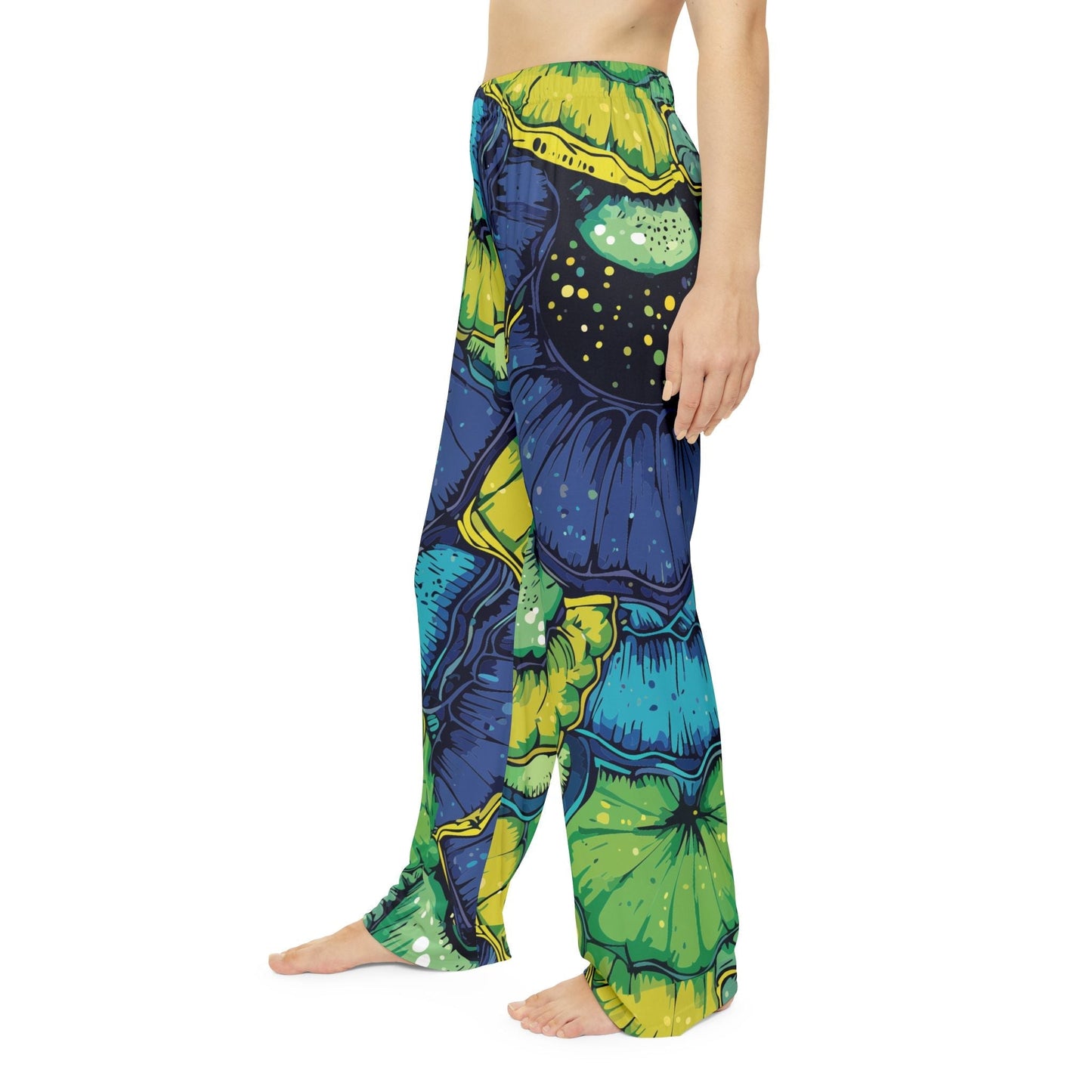 Butterfly Wing Pajama Pants — Emerald & Sapphire Organic AOP Lounge Bottoms, Jewel-Tone Sleepwear