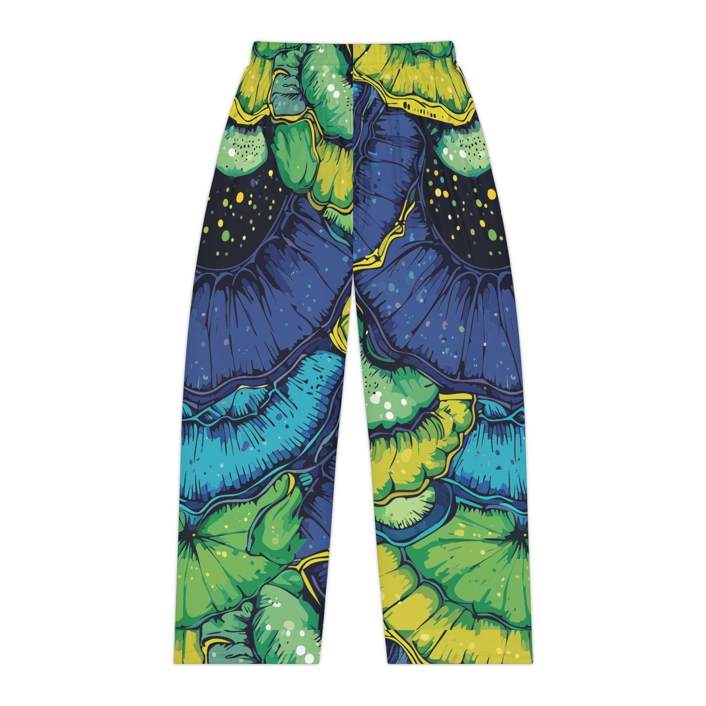 Butterfly Wing Pajama Pants — Emerald & Sapphire Organic AOP Lounge Bottoms, Jewel-Tone Sleepwear