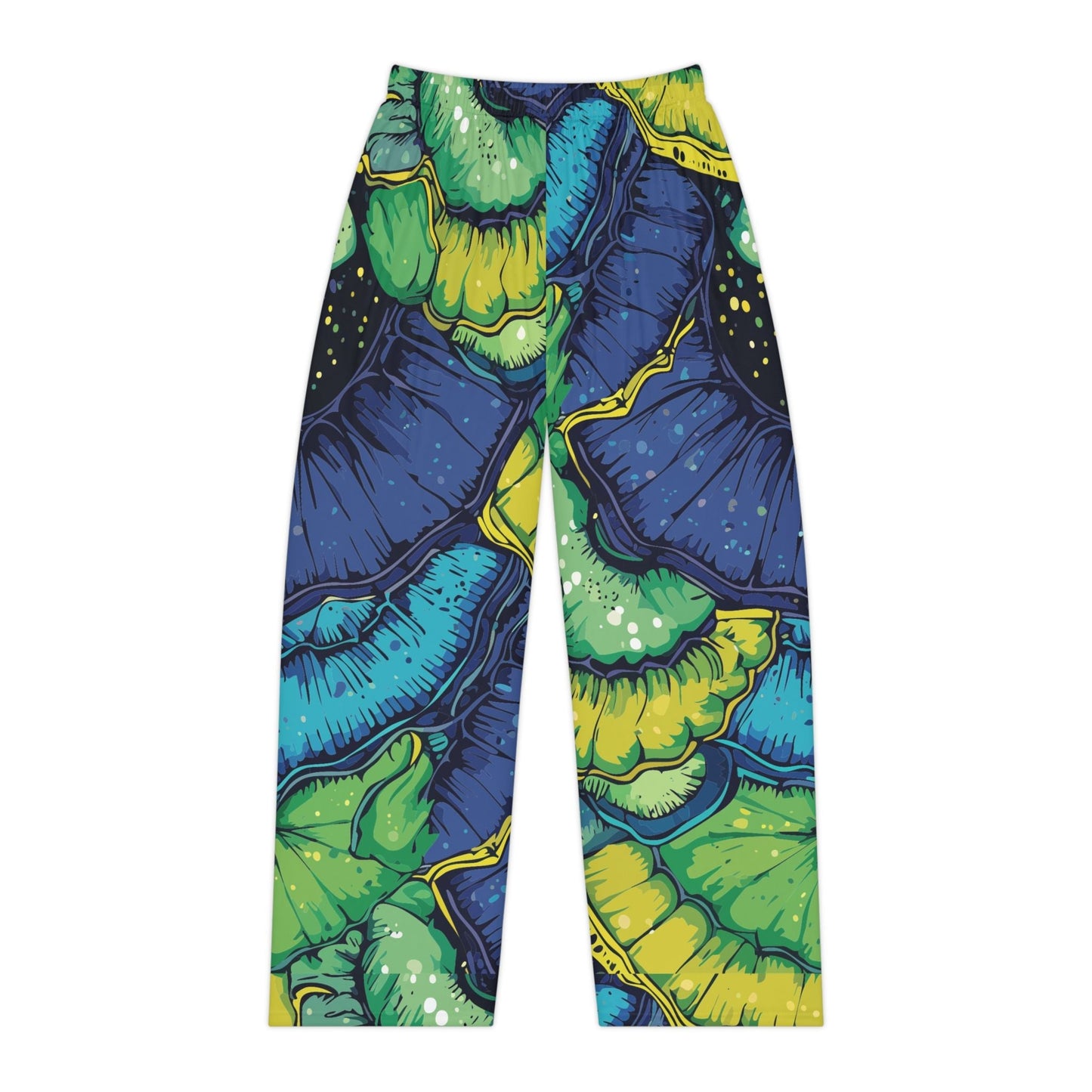 Butterfly Wing Pajama Pants — Emerald & Sapphire Organic AOP Lounge Bottoms, Jewel-Tone Sleepwear