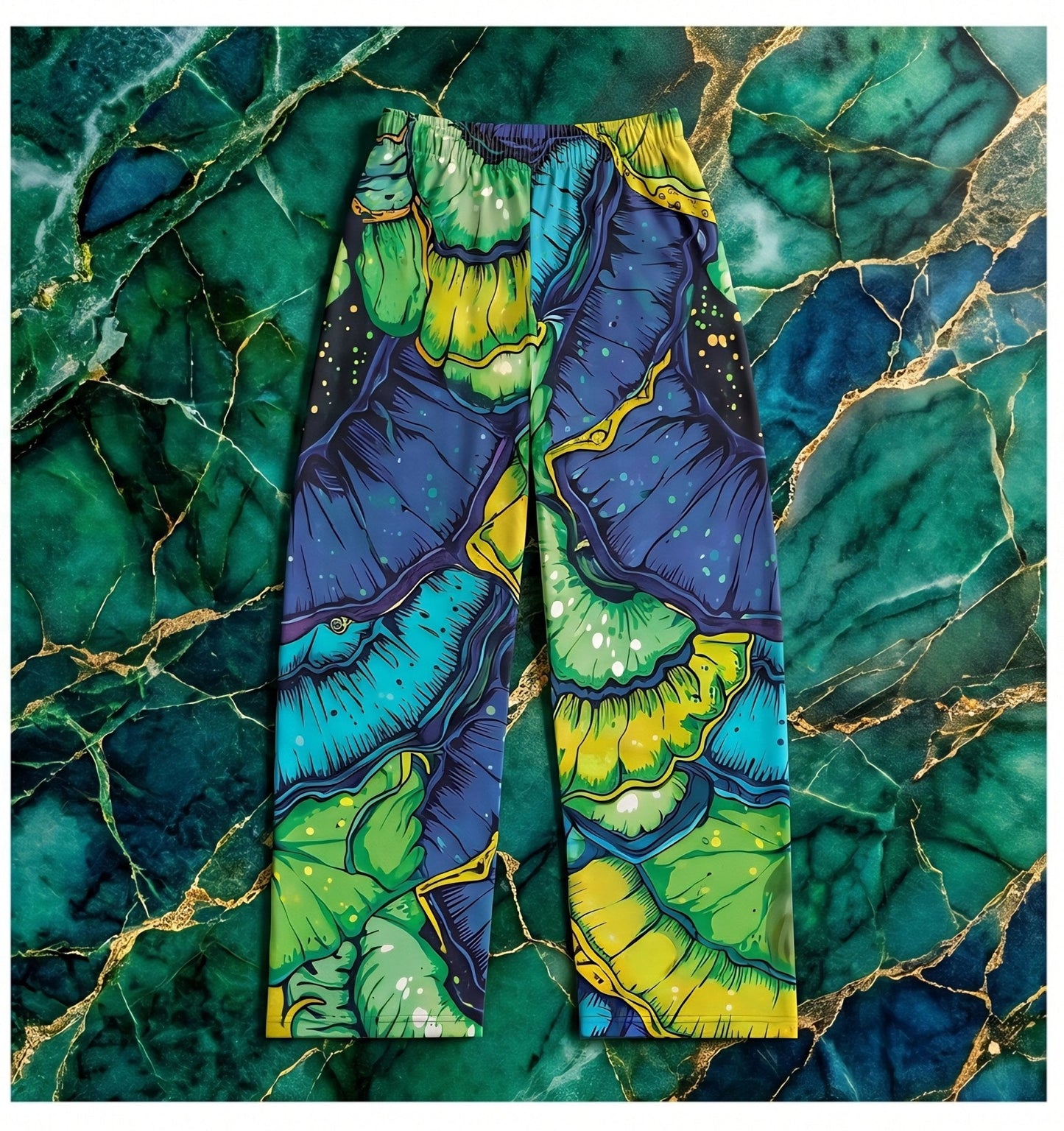Butterfly Wing Pajama Pants — Emerald & Sapphire Organic AOP Lounge Bottoms, Jewel-Tone Sleepwear