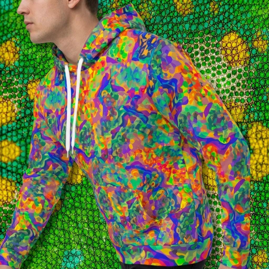 Iridescent Chameleon Color-Shift Hoodie for Rave and Techwear Dressers — Bio-Digital AOP Holographic Print, EDM Festival Burning Man Statement