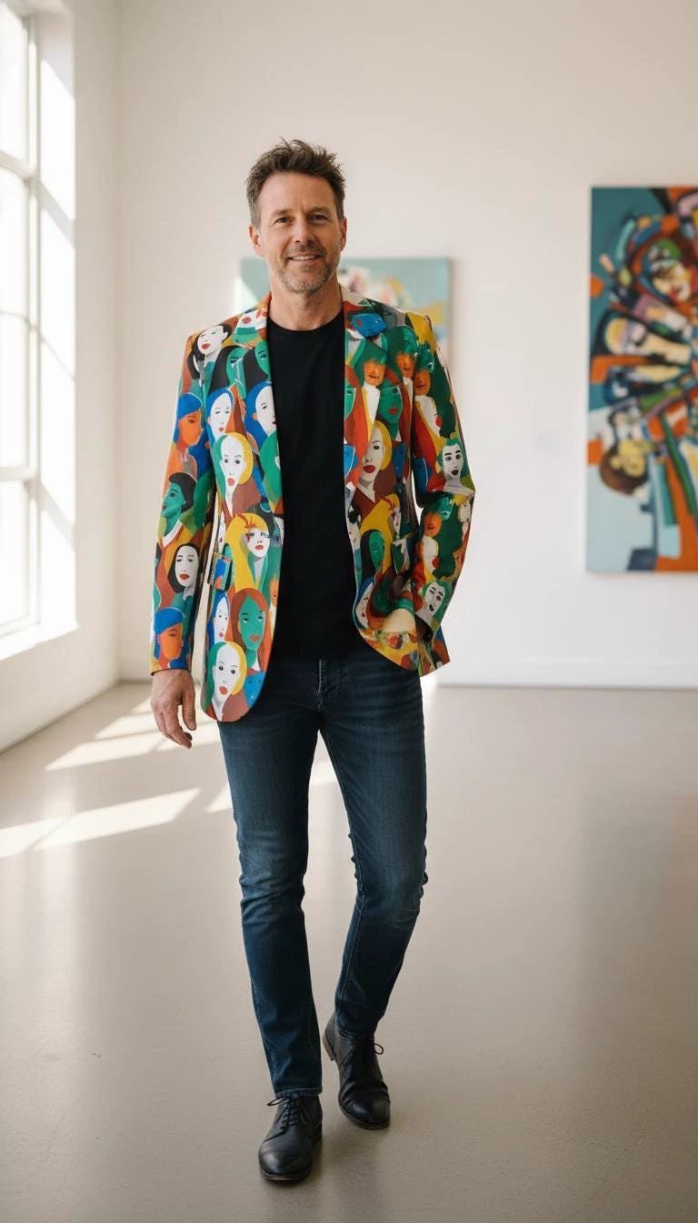 Urban Crowd Faces Designer Blazer - Bold All-Over Print Cotton Suit Jacket for Creatives