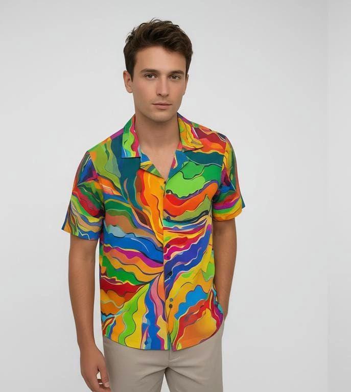Psychedelic Swirl Camp Shirt - Vibrant Maximalist Hawaiian Shirt for Summer Festivals