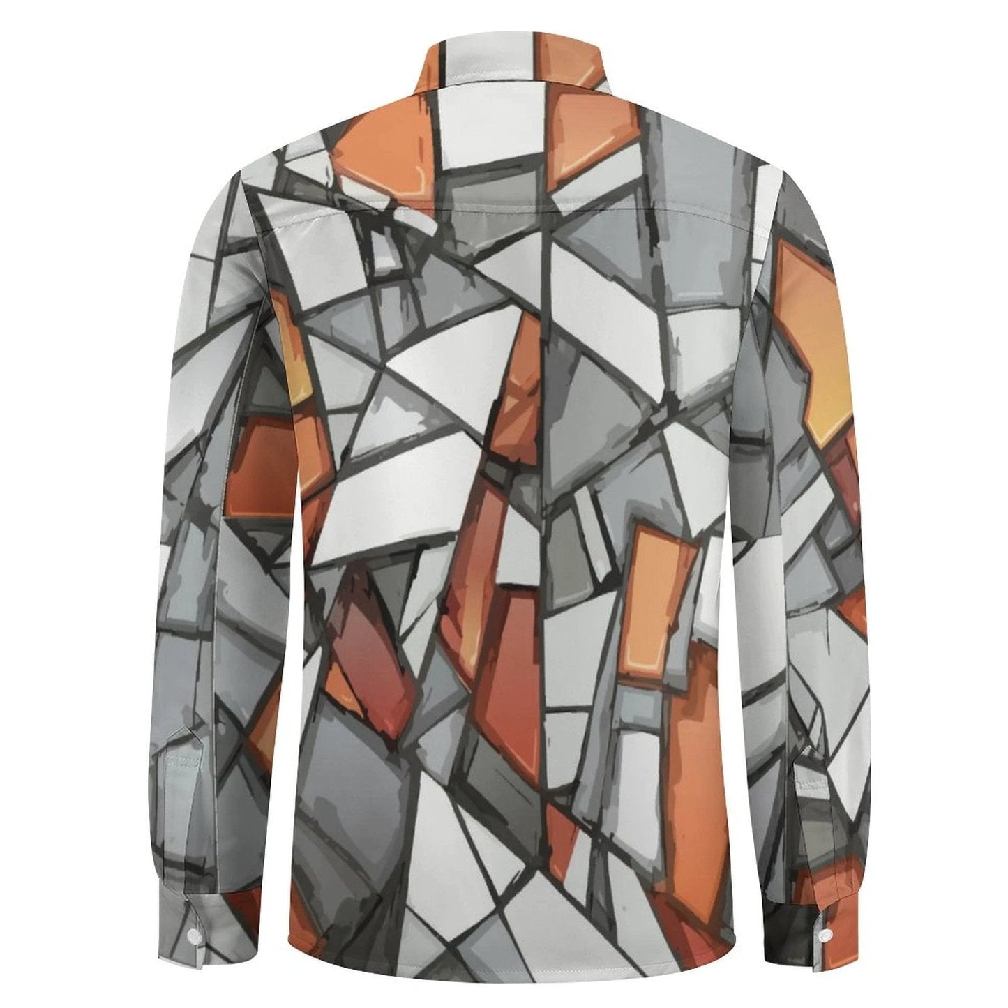 Shattered Mosaic Faux Linen Shirt — Stone & Amber Stained-Glass AOP Long Sleeve with Pocket