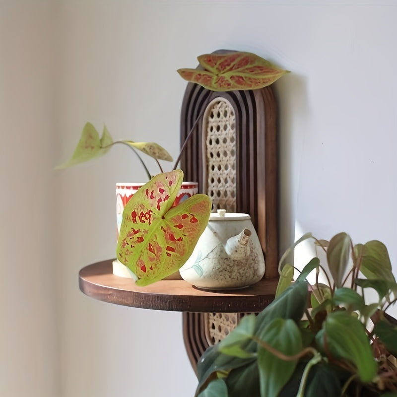 Rustic Wooden Wall-Mounted Shelf with Hooks - UIG9