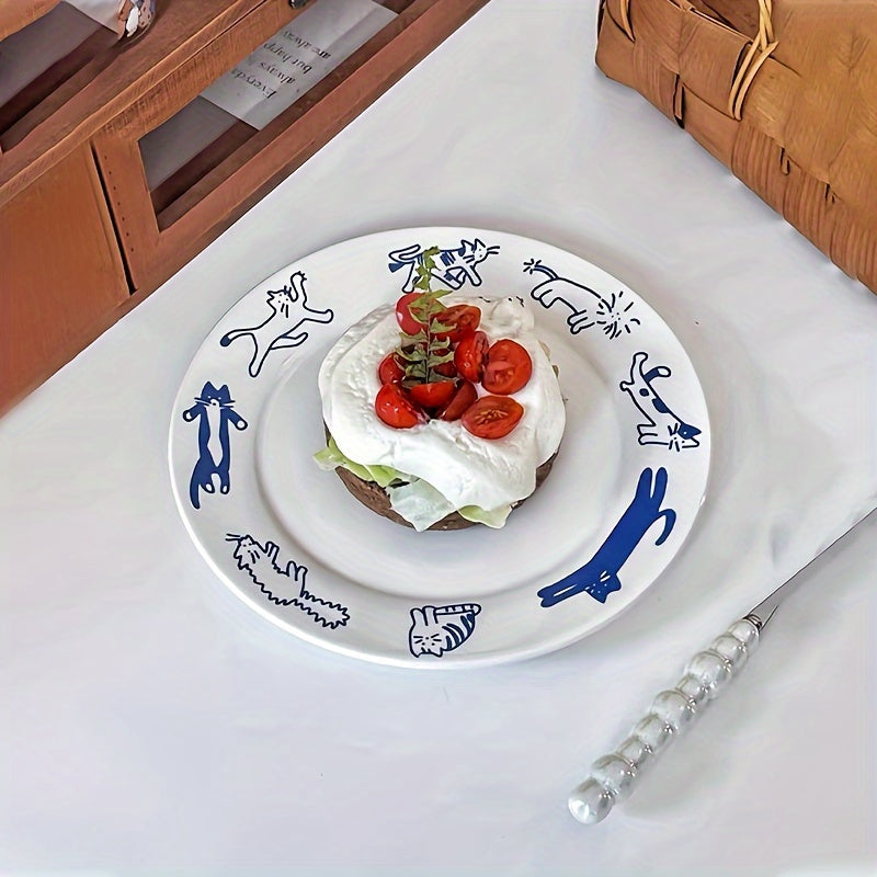 Vintage Cute Kitten Puppy Blue Breakfast Ceramic Plate - DO2K