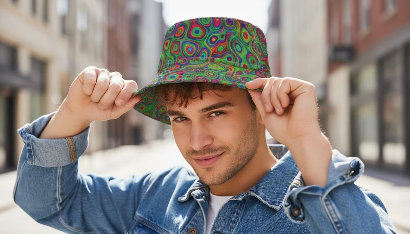 Alligator Bites Neon Bucket Hat for Psychedelic Ravers — Dubstep Alt Fashion Headwear, Neon Geometric AOP, Playa-Ready Festival Hat