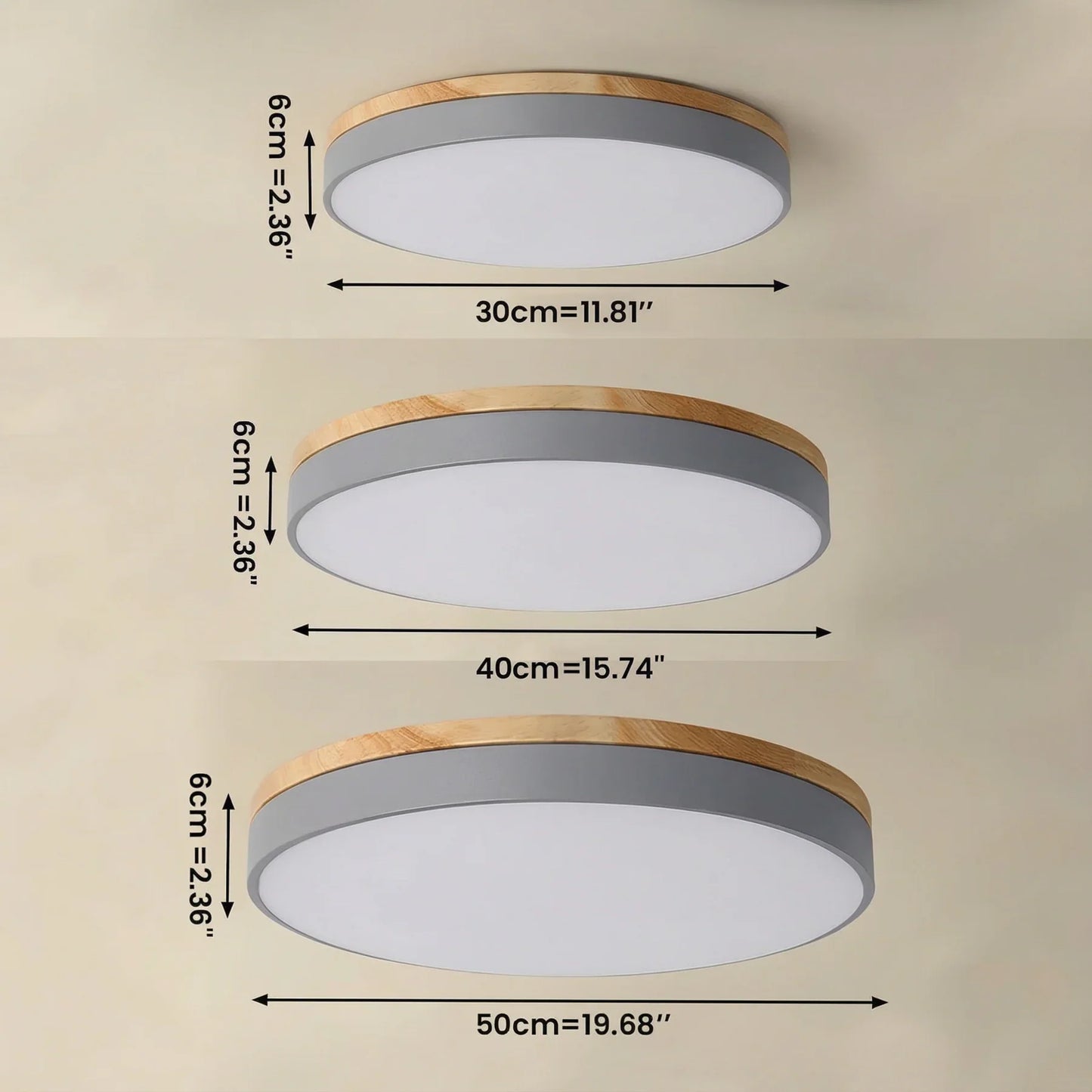 Round Flush LED Ceiling Light with Wood Trim for Living Room