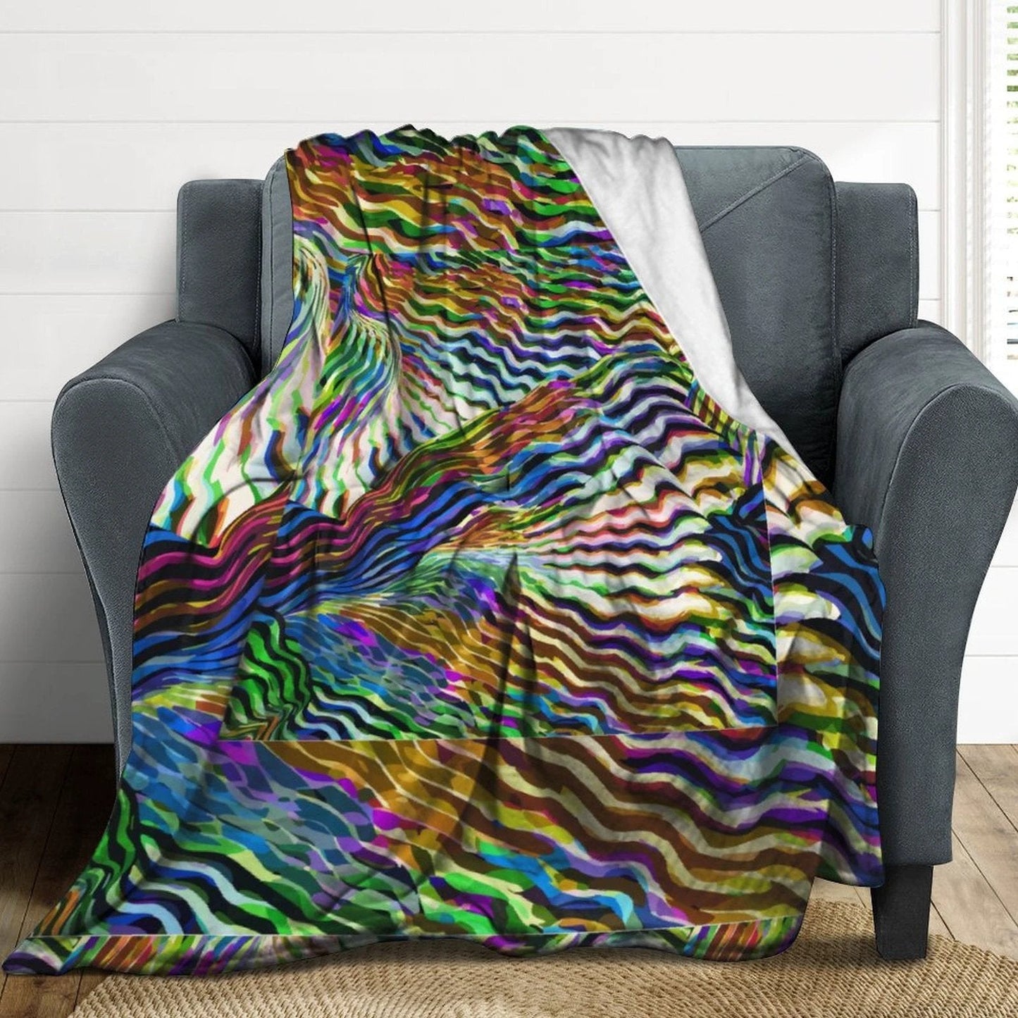 Lightning Complex AOP Vintage Flannel Blanket 50"×60" | Psychedelic Ribbon-Wave Maximalist Throw (250gsm)