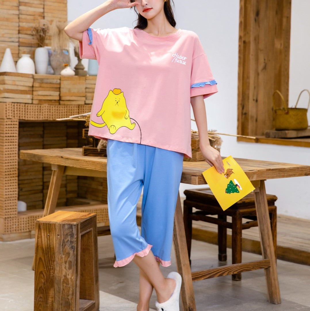Oversized Cute Cat Graphic Tee with Ruffle Trimmings Pajamas #72126