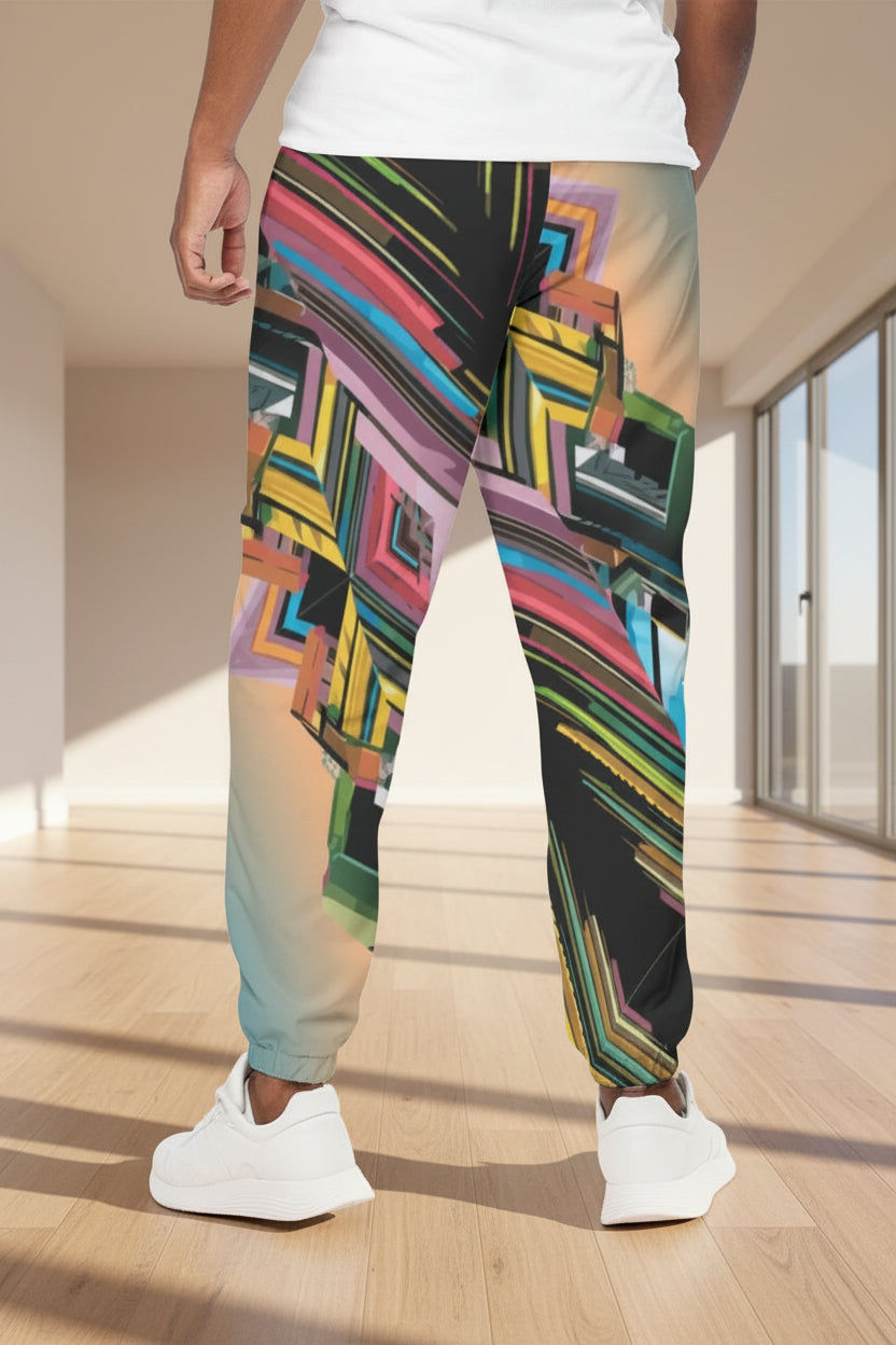 Geometric Cubist Abstract AOP Jogger Pants — Maximalist Streetwear, Unisex