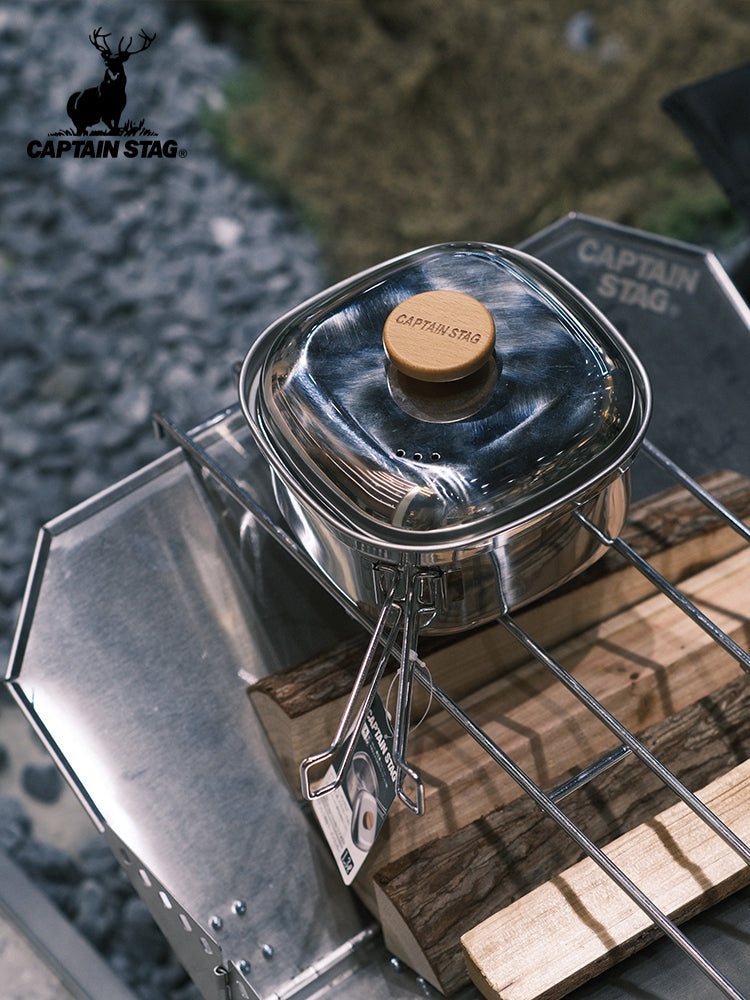 CAPTAIN STAG UH-4202 Square Pot With Lid Portable Foldable Lightweight 1.3L Stainless Steel Outdoor Camping Cookware Cooking Equipment Made in Japan