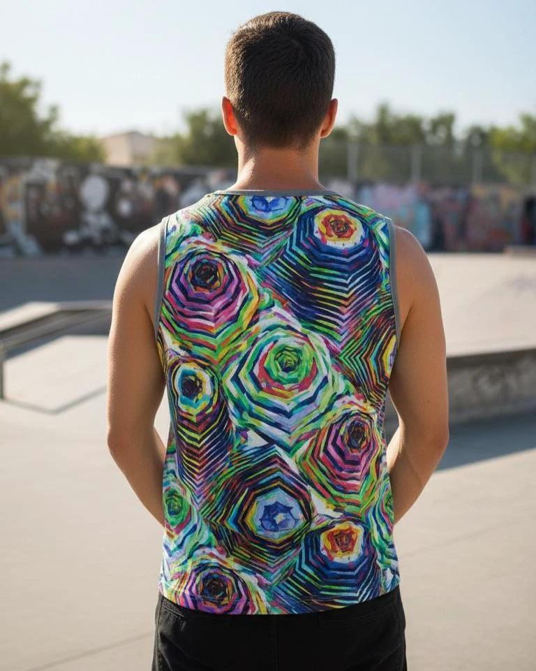 Glitchcore Jersey for Digital Maximalists — AI Art AOP Basketball Tank, Moisture-Wicking Festival Activewear, Neon Digital Streetwear, Rave Uniform