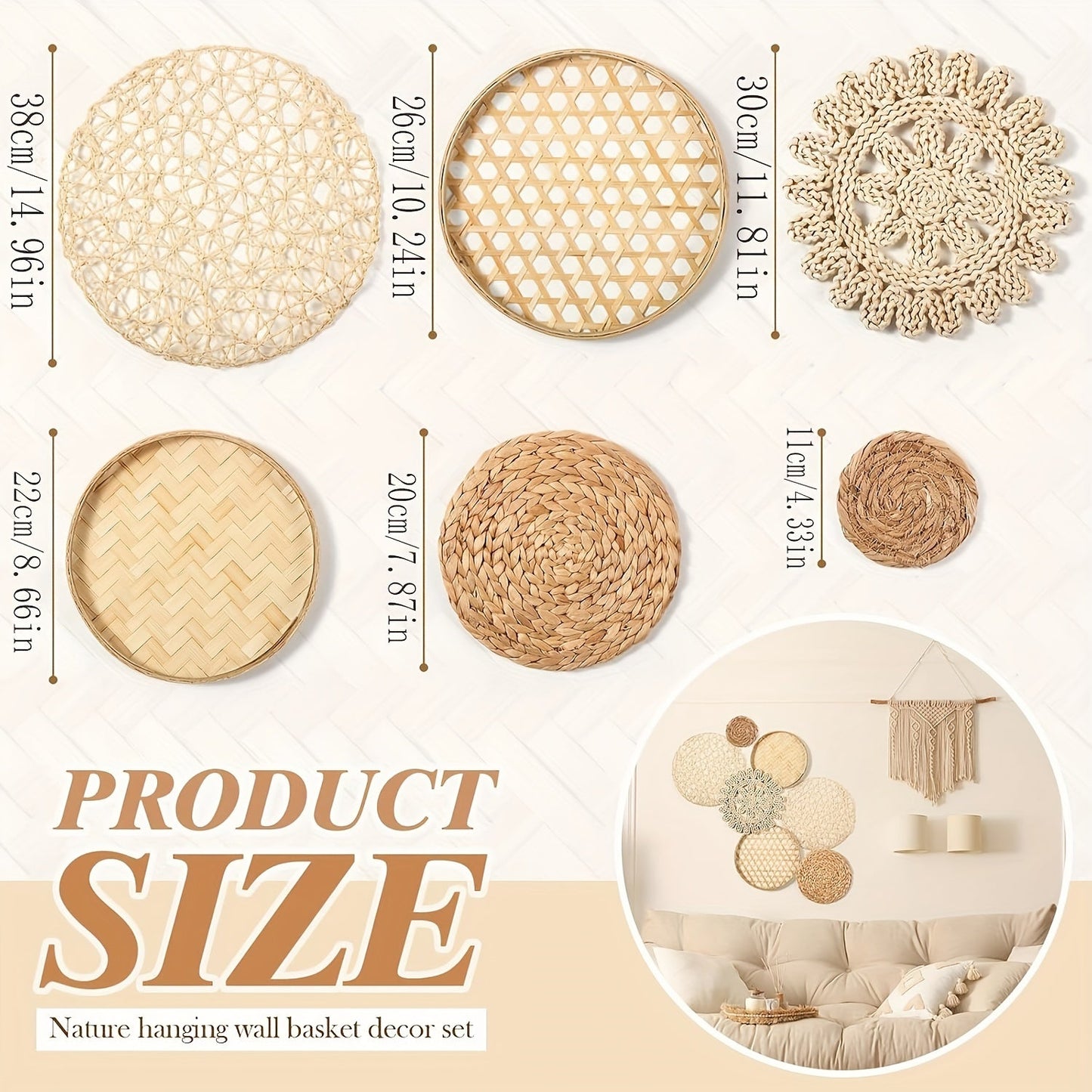 Boho Style 7-Piece Handmade Woven Seagrass Rattan Wall Decor - CDV0