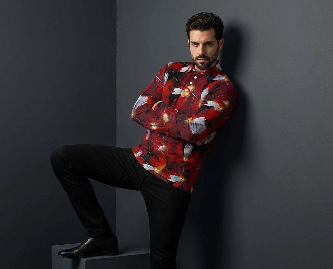 Artsy Floral AOP Men's Long Sleeve Polo | 220gsm Painterly Botanical Print Polished Maximalist Workwear for Hospitality
