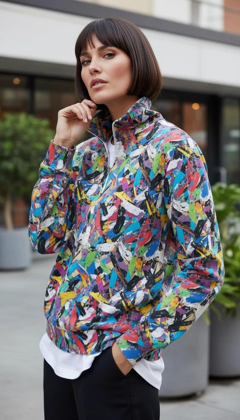 Digital Impasto Paint Stroke Half-Zip for Fine Artists and Curators — 310gsm 100% Cotton Premium Pullover, Stand-Up Collar Art Statement