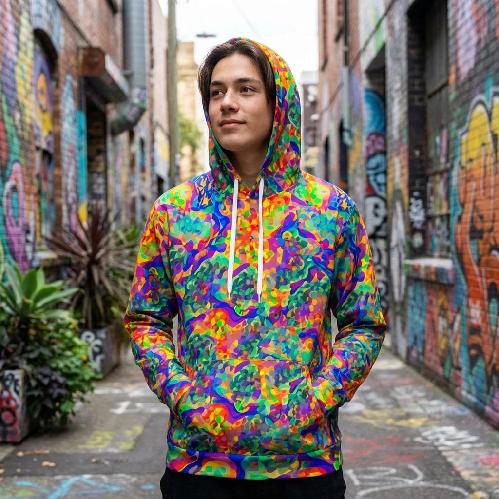 Iridescent Chameleon Color-Shift Hoodie for Rave and Techwear Dressers — Bio-Digital AOP Holographic Print, EDM Festival Burning Man Statement