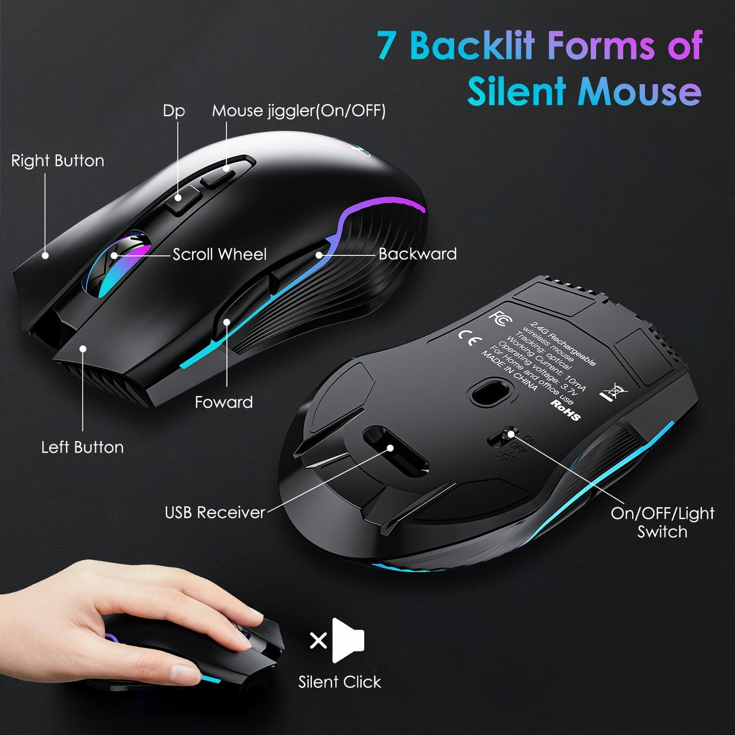 JOMAA Ergonomic Wireless Keyboard & Mouse Combo, RGB Backlit TJR1K6M