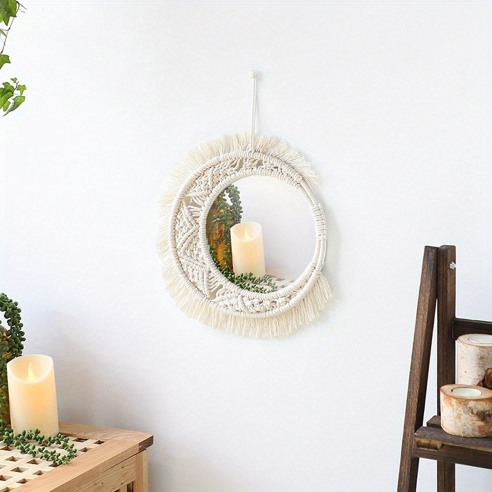 Boho Chic Round Wall Mirror with Macrame Fringe - P2FV