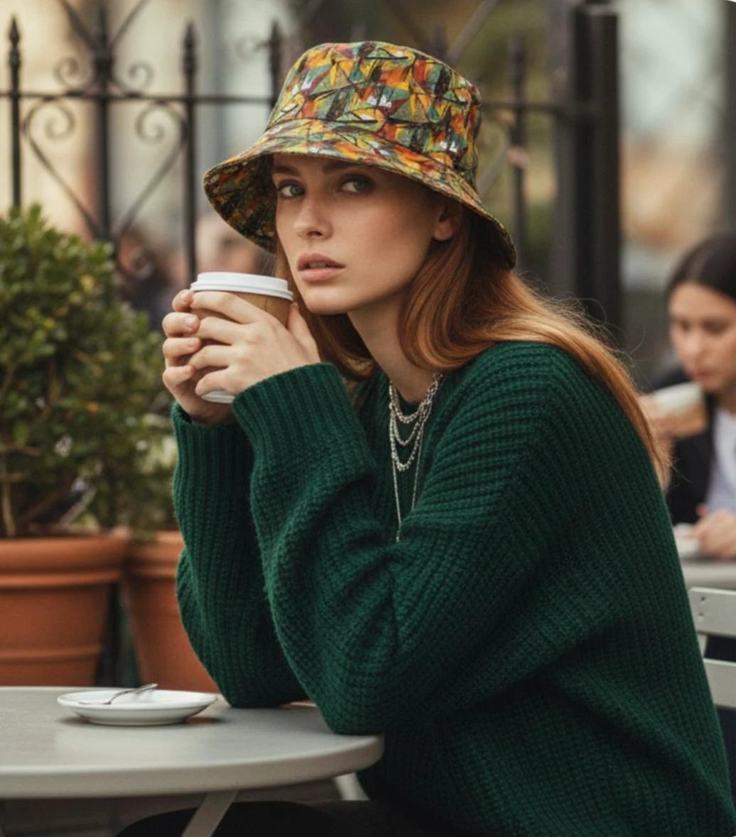 Nature Calls Abstract Leaf AOP Bucket Hat for Gorpcore Outdoor Dressers — Earthy Autumn Primal Prints Sun Hat, Hiking Camping Festival Headwear