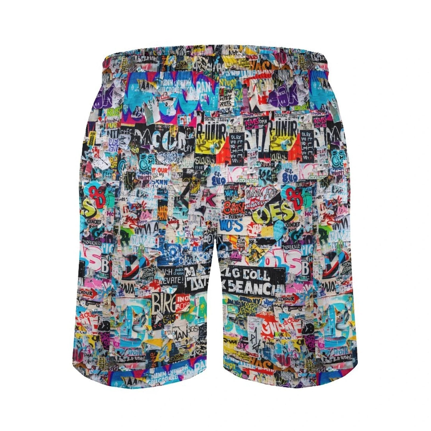 Sticker Bomb Board Shorts — Street Collage AOP Swim Trunks for Loud Beach Days