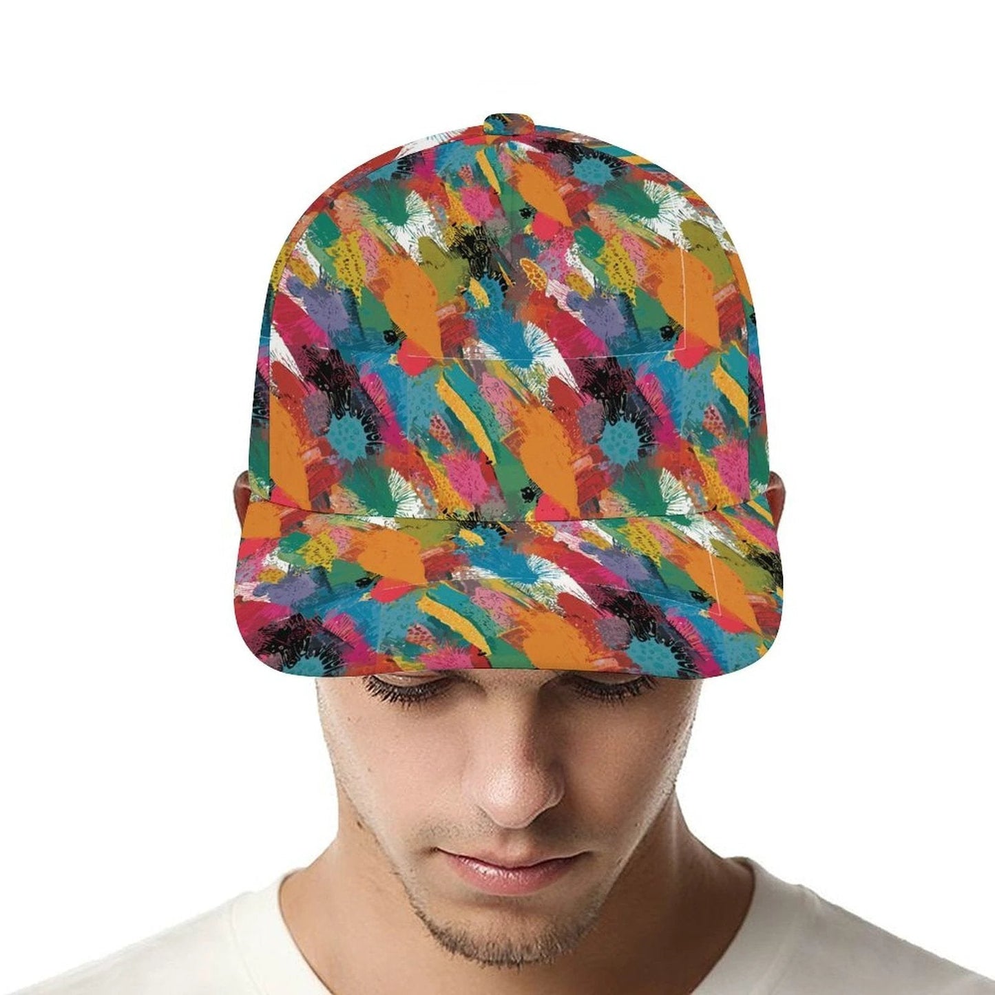 Painters' Plume AOP Bent Brim Snapback Cap | Brushstroke Feather Print 6-Panel Curved Brim Streetwear Hat for Art-School Aesthetics & Creative Souls