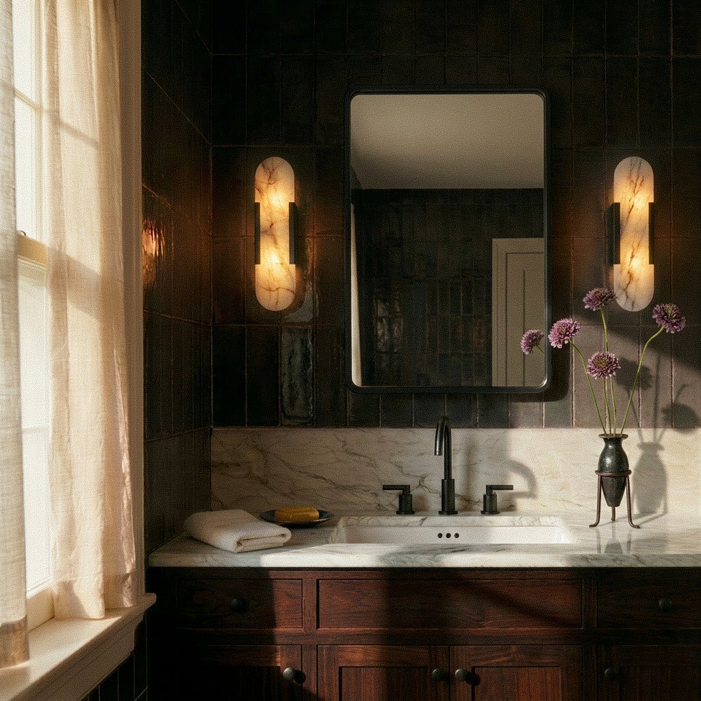 Alabaster Wall Light With Sculpted Shade And Metal Frame
