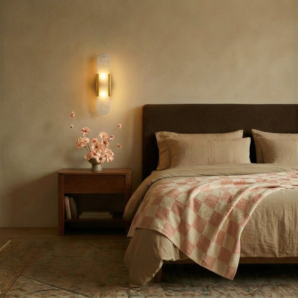 Alabaster Wall Light With Sculpted Shade And Metal Frame