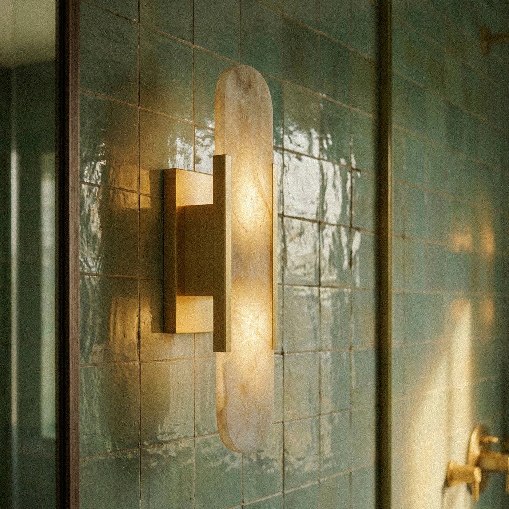 Alabaster Wall Light With Sculpted Shade And Metal Frame