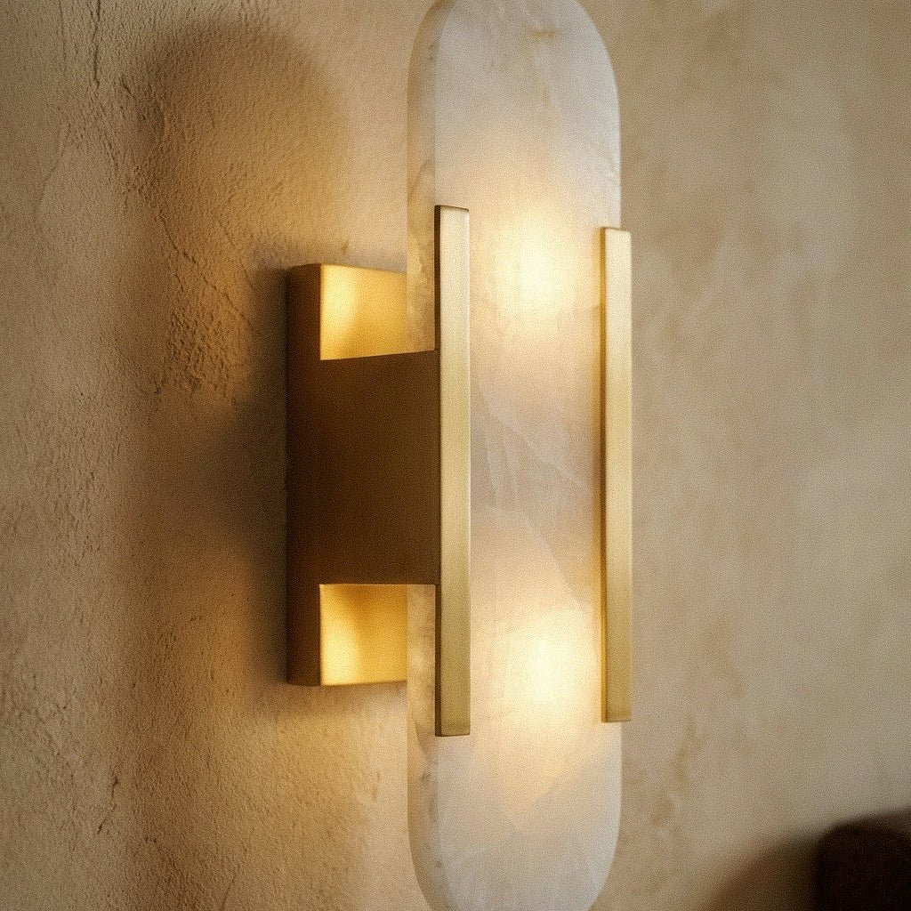 Alabaster Wall Light With Sculpted Shade And Metal Frame