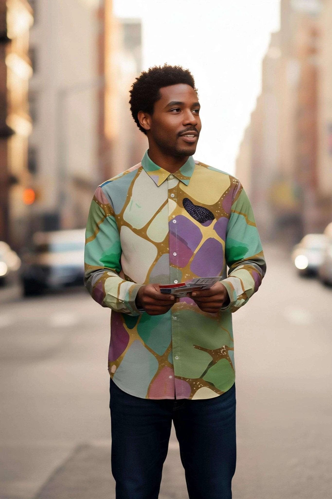 Emerald Shards Luxury Button-Down for Modern Creative Professionals — 115gsm Cotton Poplin AOP, Concealed Placket Geometric Print, Gallery Formalwear
