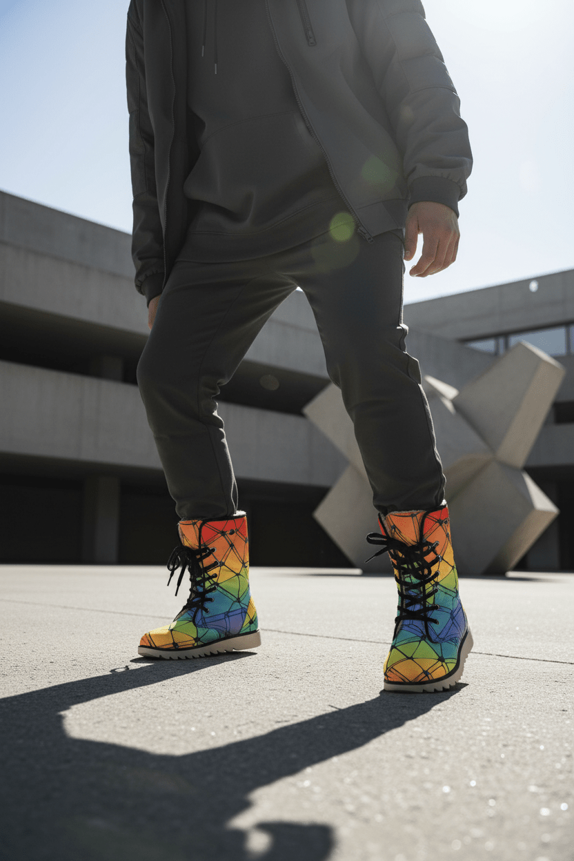 Charismatic Camo Plush Boots for Urban Maximalists — Bold Abstract Print Men's Winter Shoes, Non-Slip Rubber Sole, Warm Tactical Statement Footwear