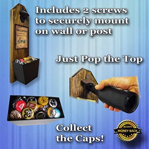 "Harley Davidson - Motorcycle Patent of Vintage Bike" Wall Mounted Bottle Opener and Cap Catcher - Made of 100% Solid Pine 3/4" Thick - Rustic Sign