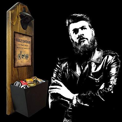 "Harley Davidson - Motorcycle Patent of Vintage Bike" Wall Mounted Bottle Opener and Cap Catcher - Made of 100% Solid Pine 3/4" Thick - Rustic Sign